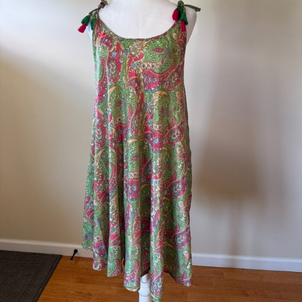 Karma Highway Green Pink Paisley Flowy Tassle Strap Mini Summer Women's Dress